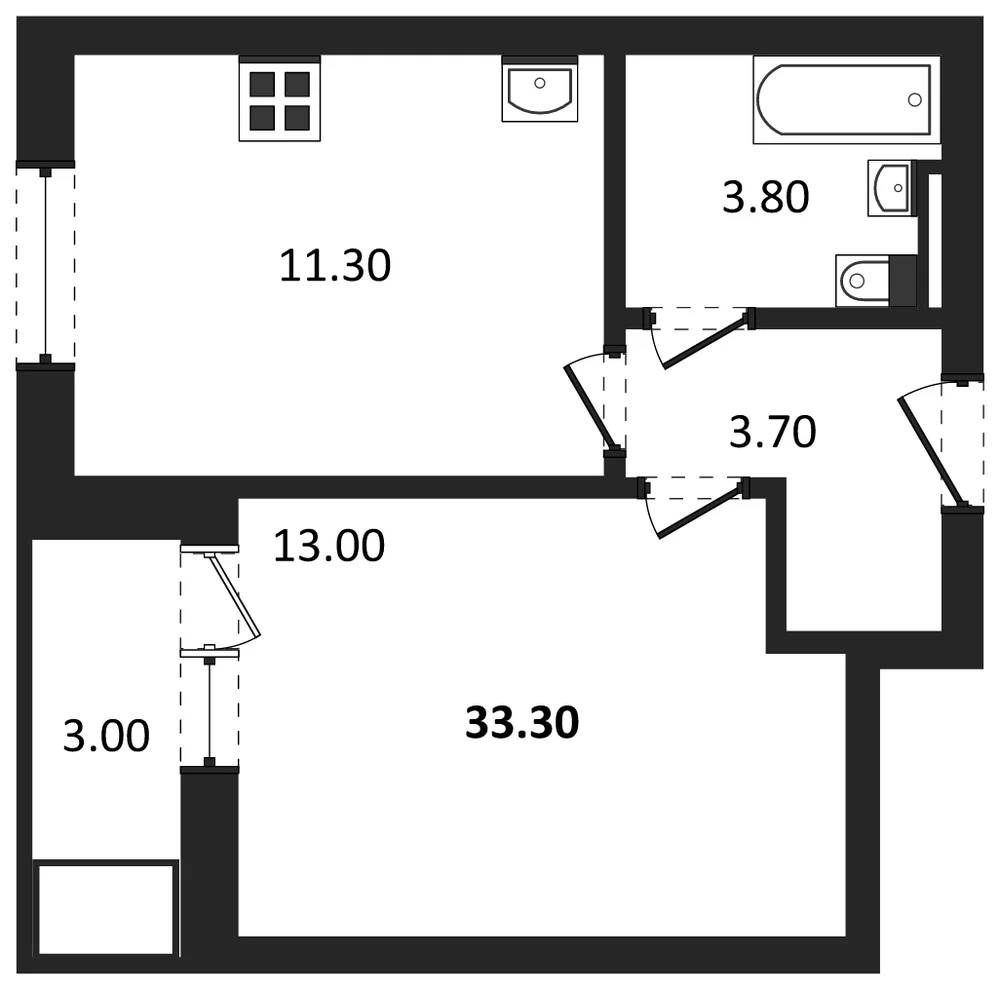 Планировка: 1-комн., 33,3 м²