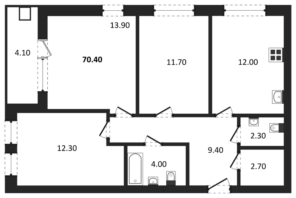 Планировка: 3-комн., 70,4 м²