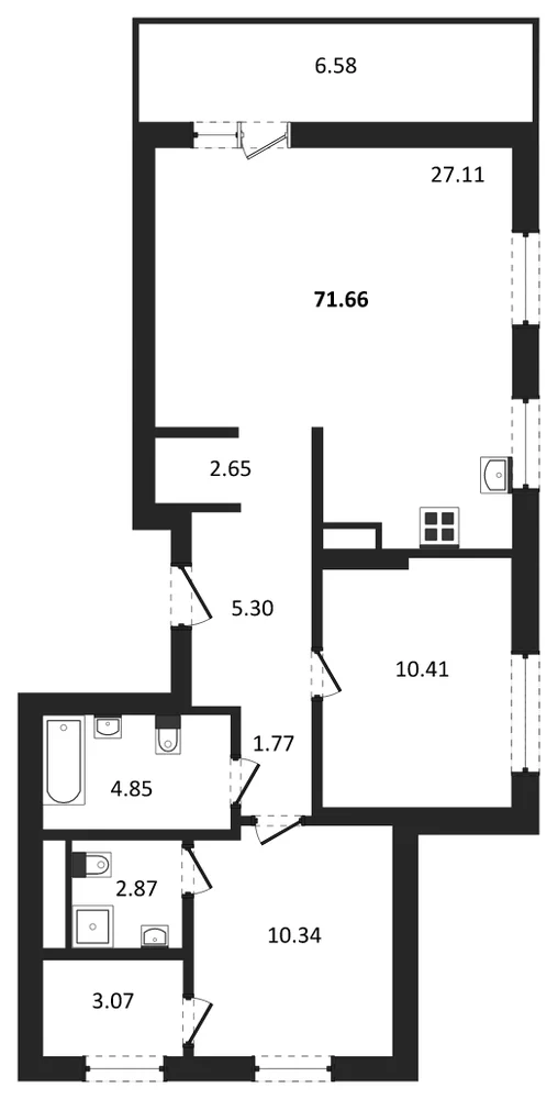 Планировка: 2-комн., 71,6 м²
