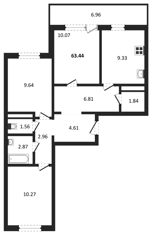 Планировка: 3-комн., 63,4 м²