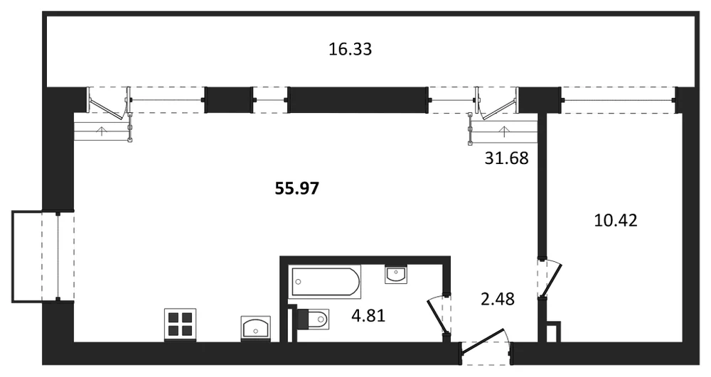 Планировка: 1-комн., 56 м²