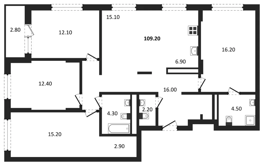 Планировка: 4-комн., 109,2 м²