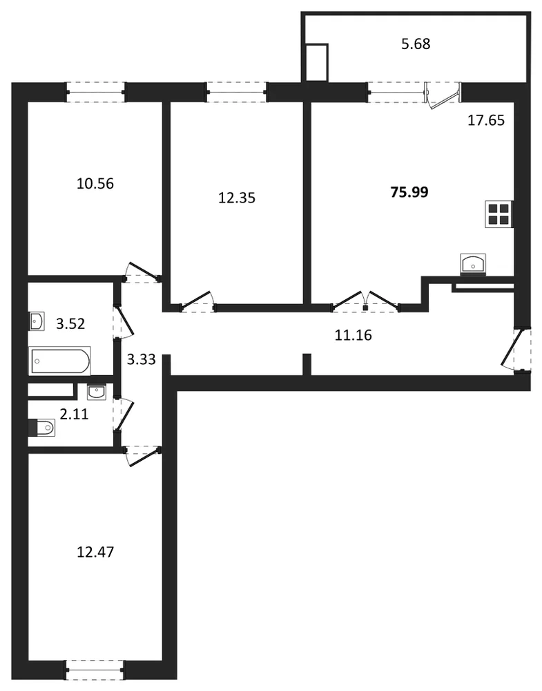 Планировка: 3-комн., 76 м²