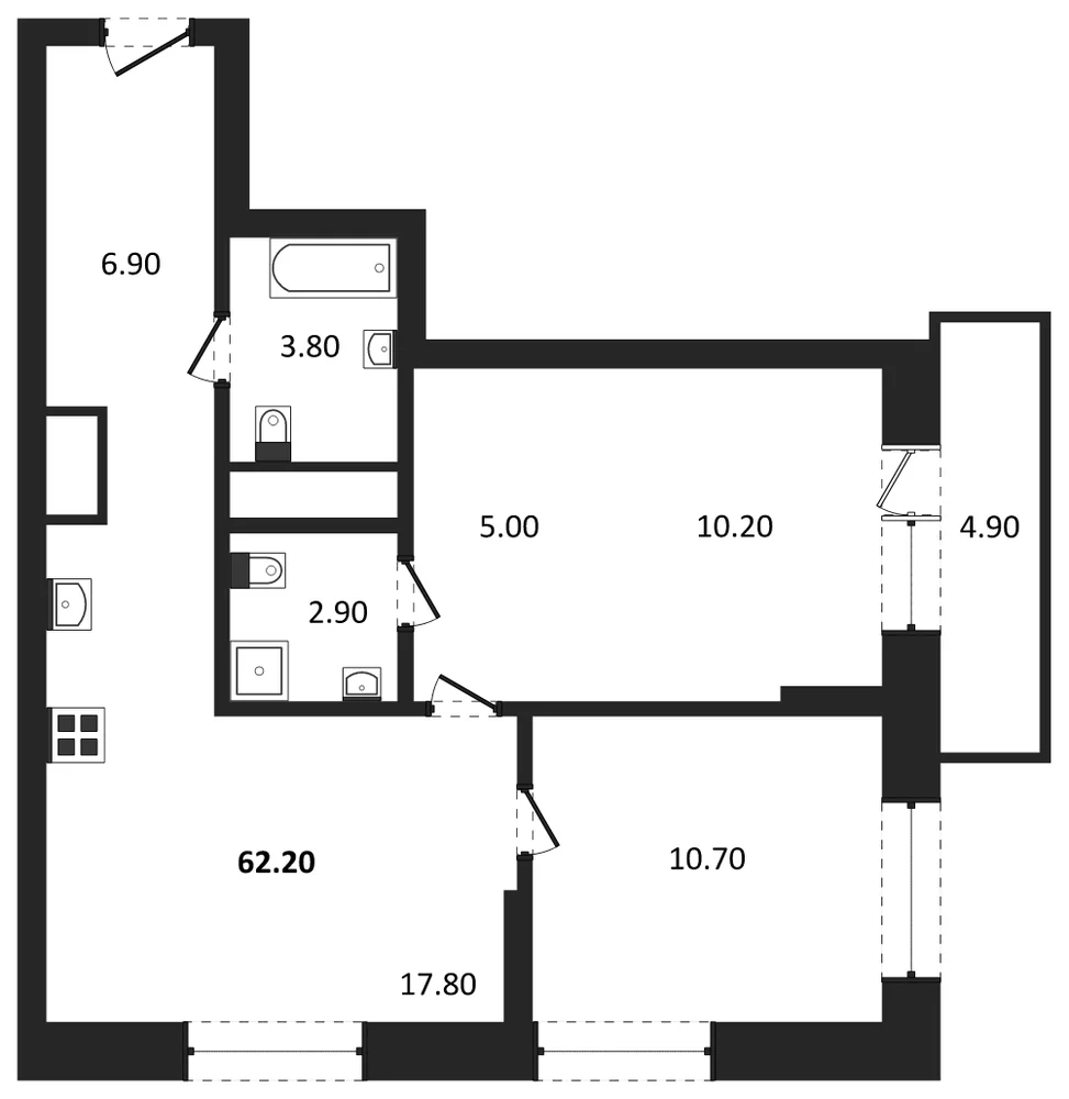 Планировка: 2-комн., 58,8 м²