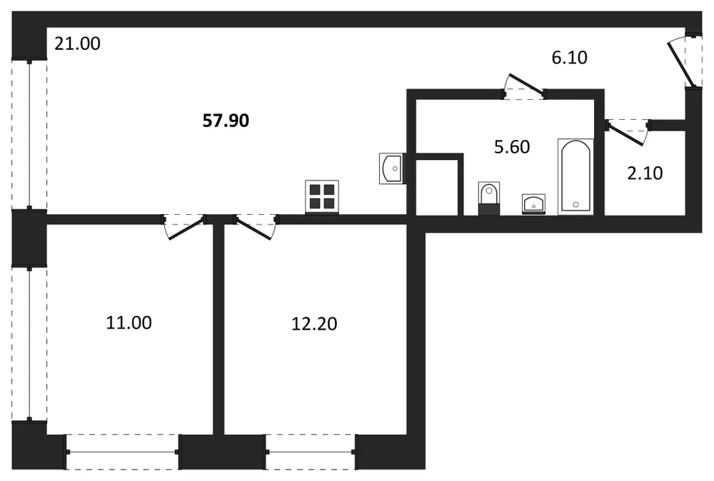 Планировка: 2-комн., 57,9 м²