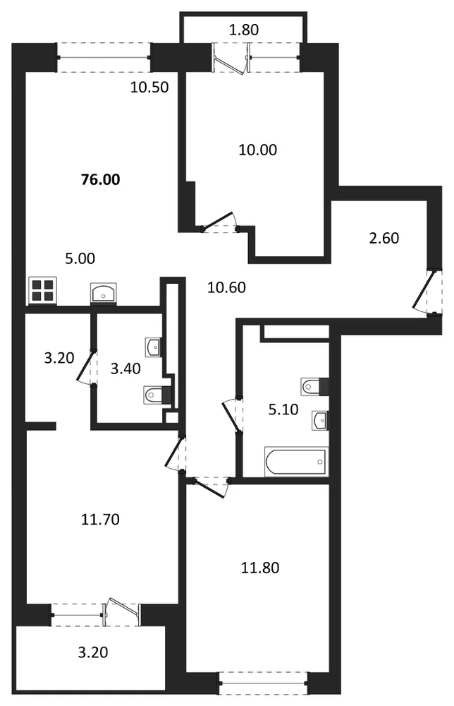 Планировка: 3-комн., 76 м²