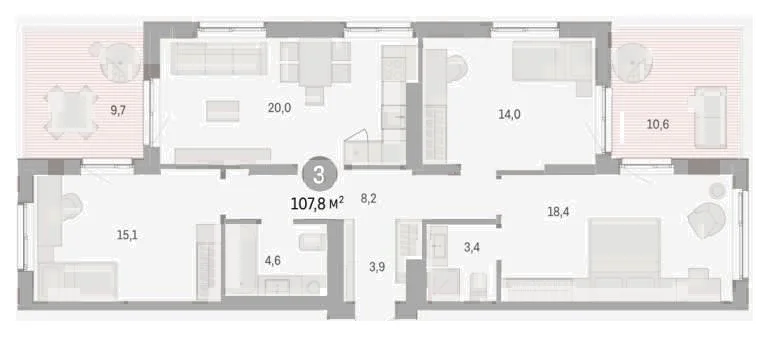 Планировка: 3-комн., 107,8 м²
