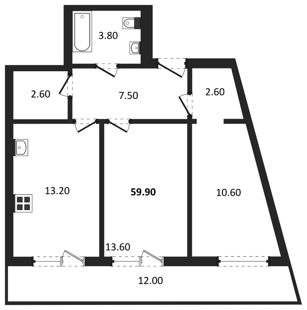 Планировка: 2-комн., 59,9 м²