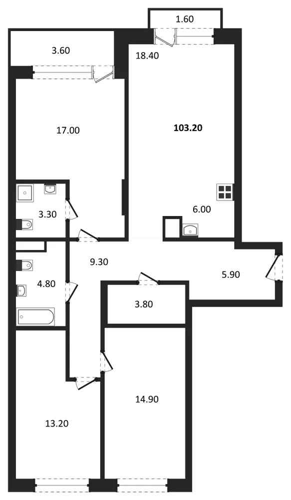 Планировка: 3-комн., 103,2 м²