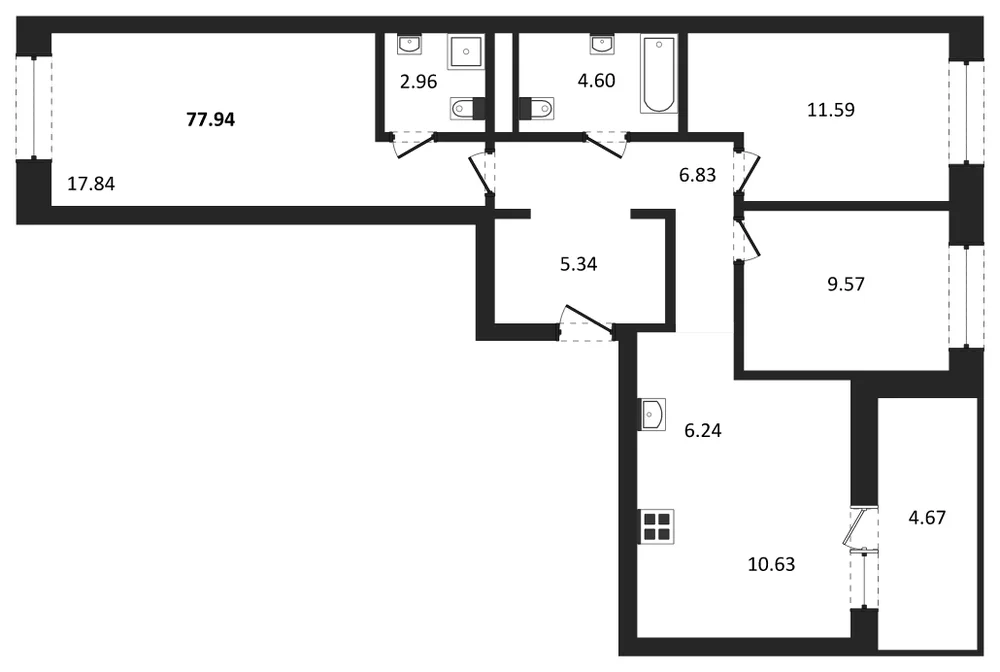 Планировка: 3-комн., 77,9 м²