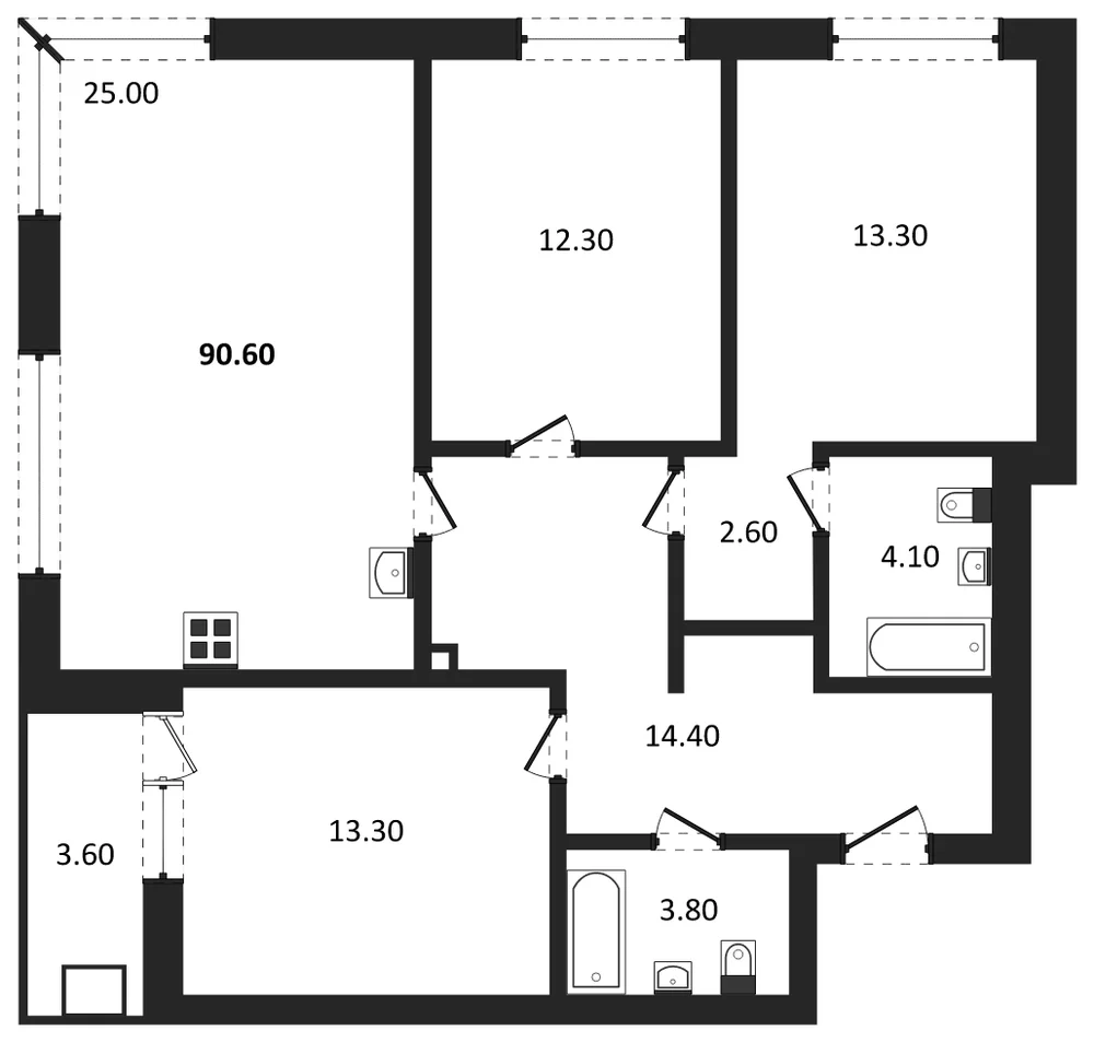 Планировка: 3-комн., 90,6 м²