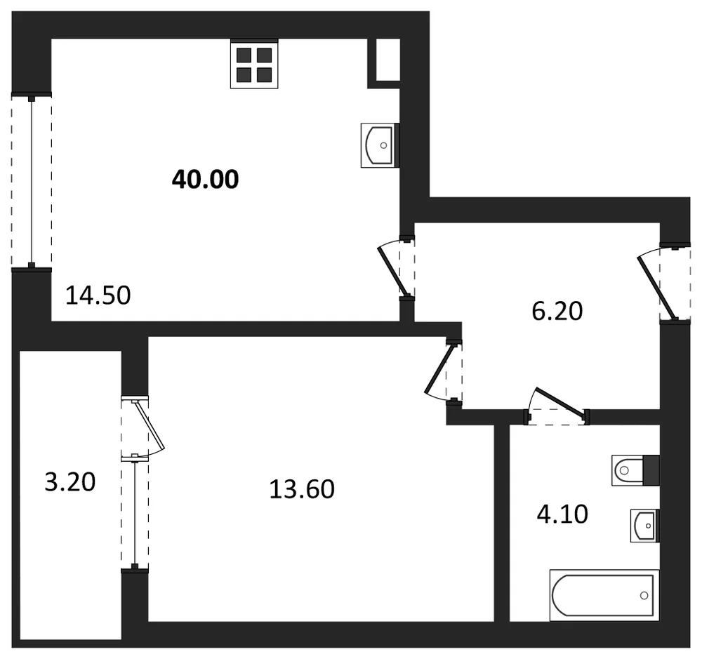 Планировка: 1-комн., 40 м²