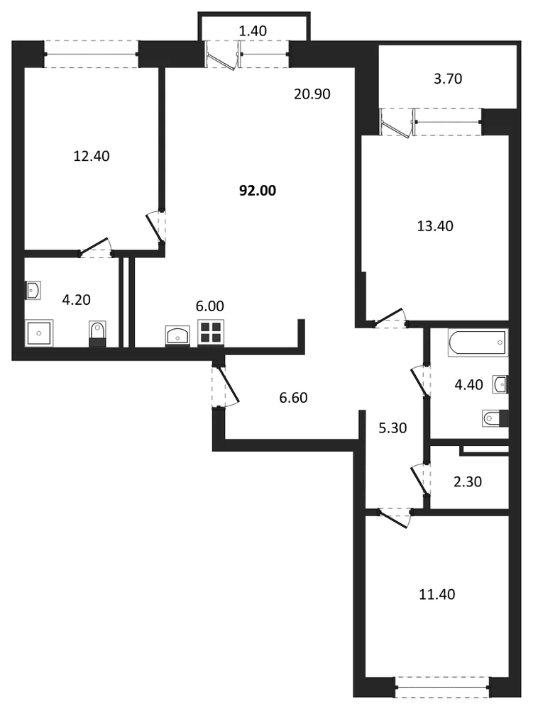 Планировка: 3-комн., 92 м²