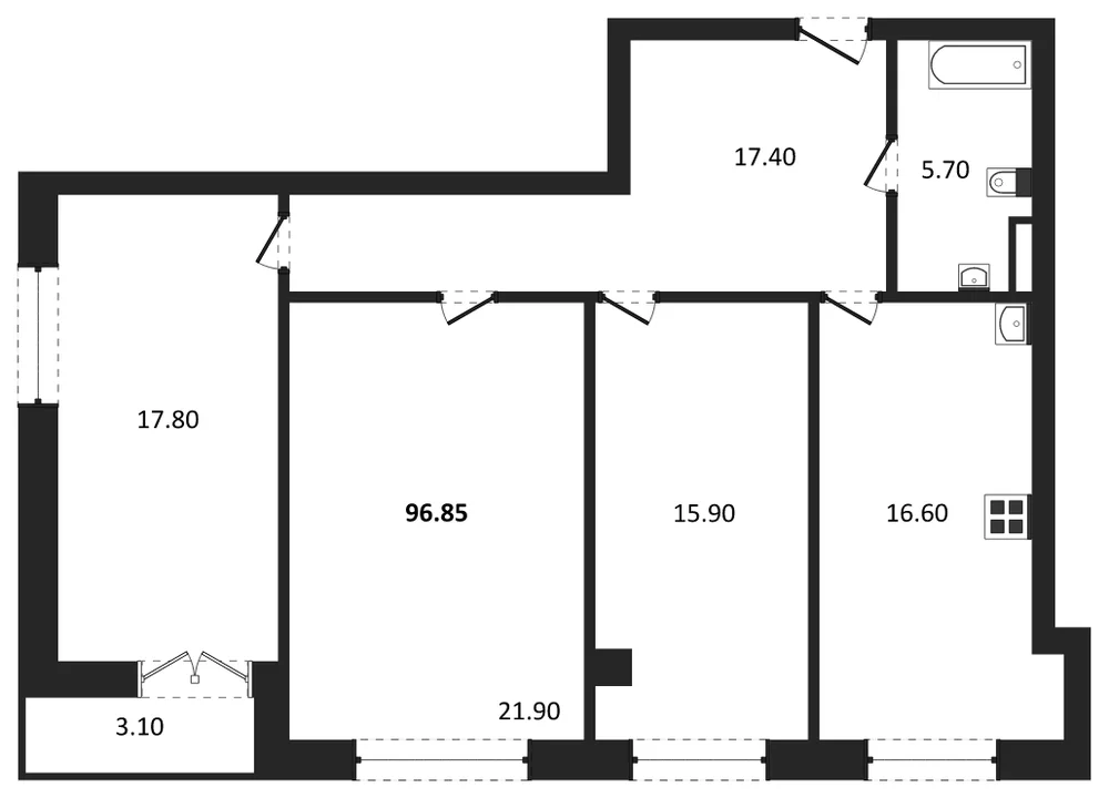Планировка: 3-комн., 95,7 м²