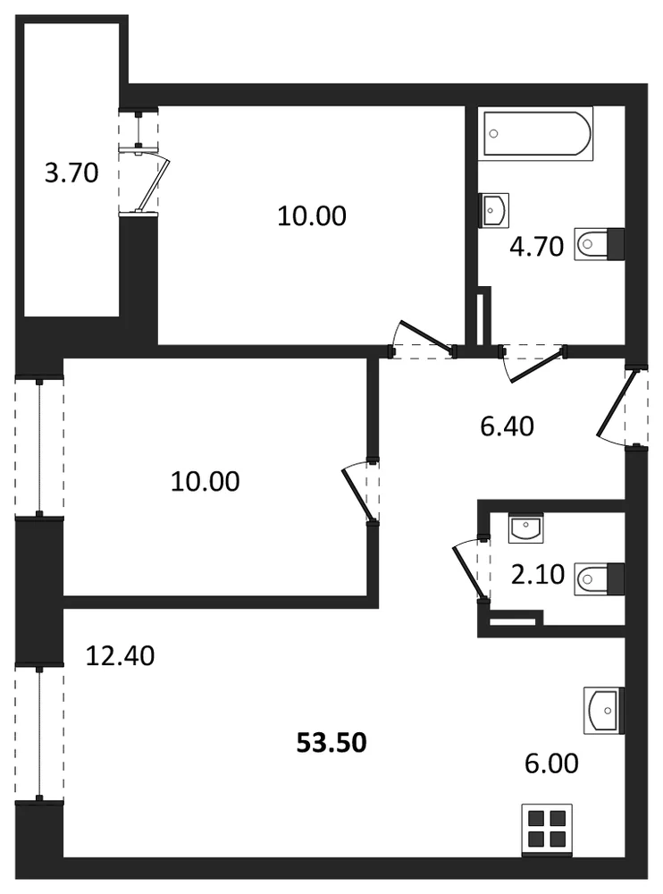 Планировка: 2-комн., 51,6 м²