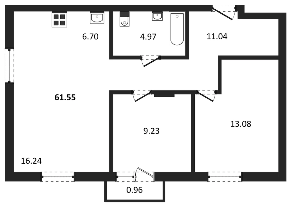 Планировка: 2-комн., 61,6 м²