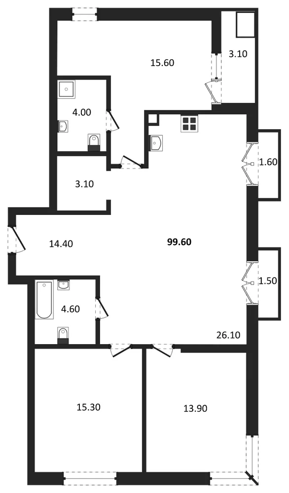 Планировка: 3-комн., 99,6 м²