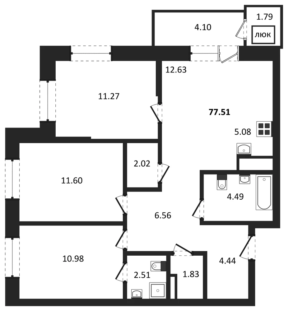 Планировка: 3-комн., 77,5 м²