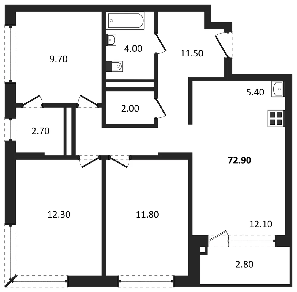 Планировка: 3-комн., 72,9 м²