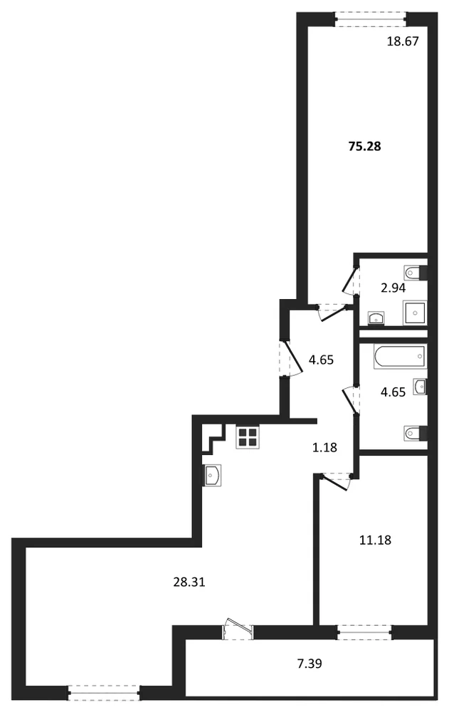 Планировка: 2-комн., 75,3 м²
