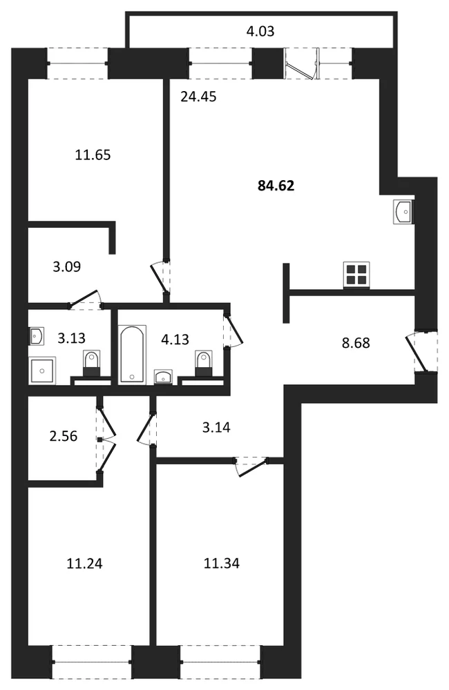 Планировка: 3-комн., 84,6 м²