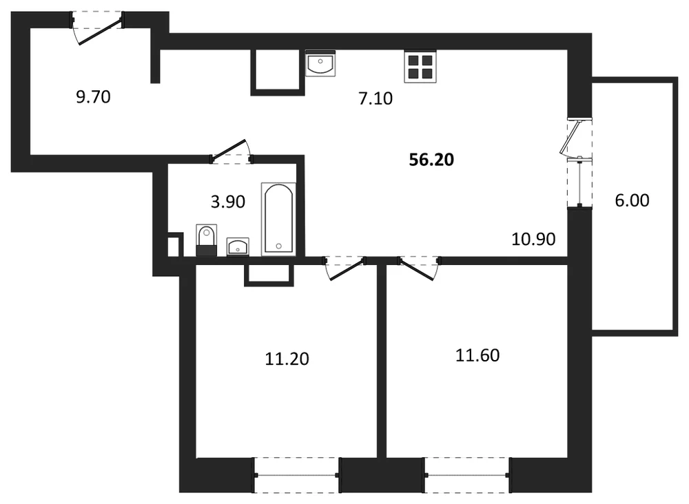 Планировка: 2-комн., 56,2 м²