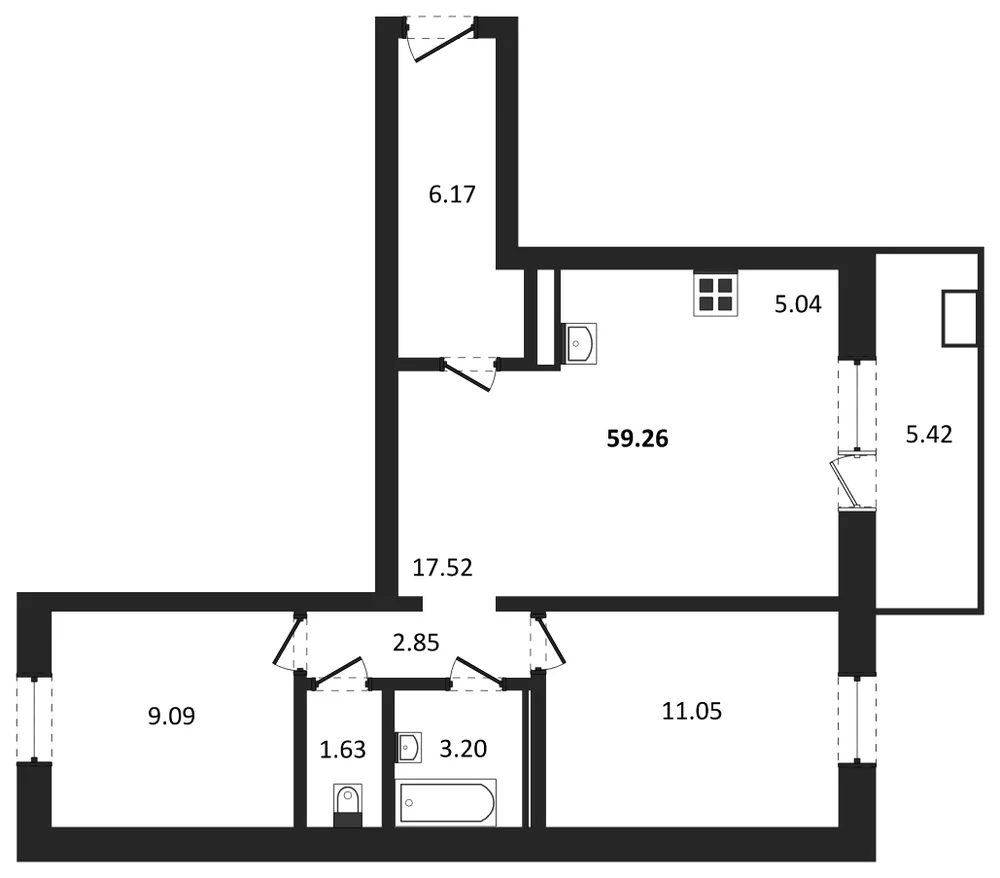 Планировка: 2-комн., 59,3 м²