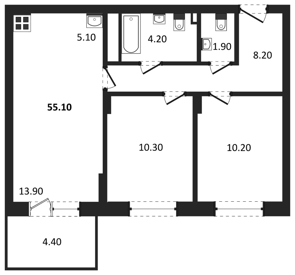 Планировка: 2-комн., 55,1 м²