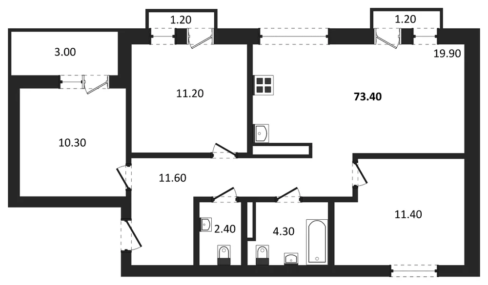 Планировка: 3-комн., 73,1 м²
