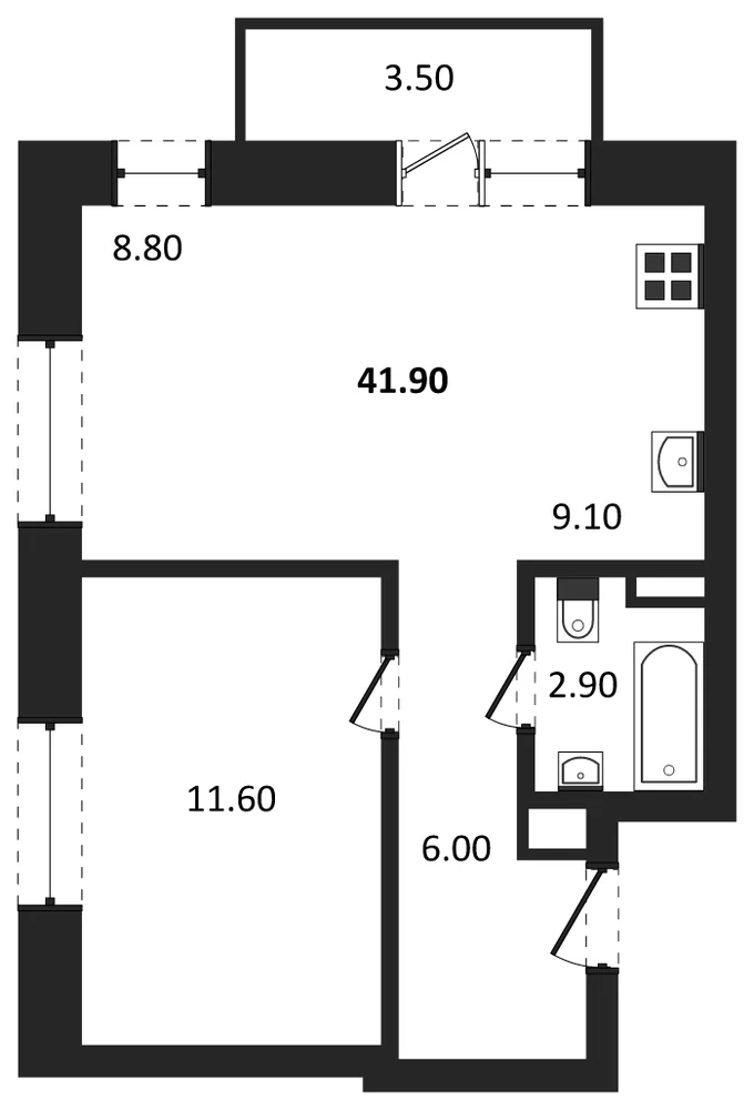 Планировка: 1-комн., 39,5 м²