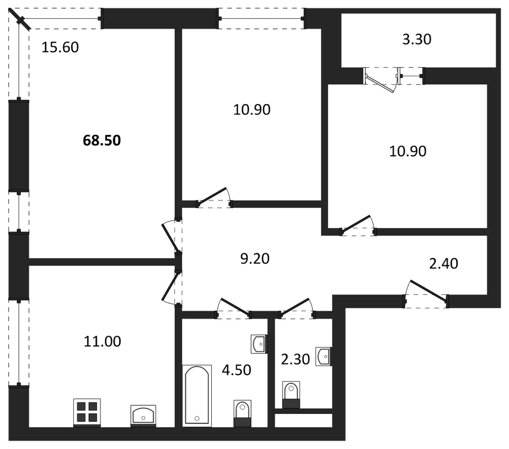 Планировка: 3-комн., 68,5 м²