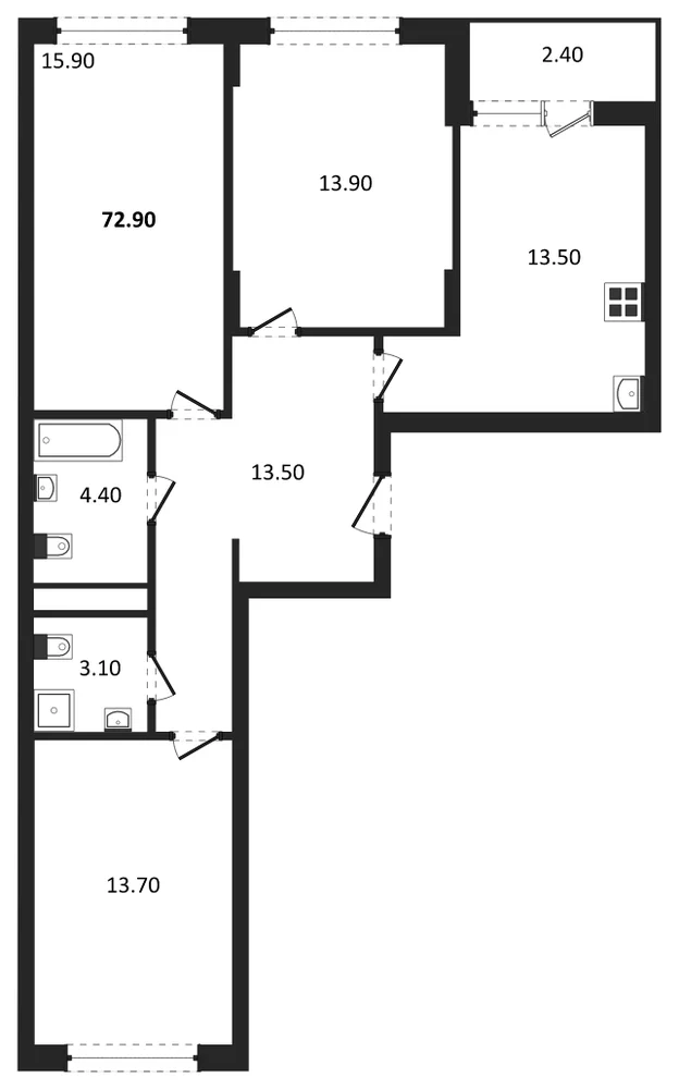 Планировка: 3-комн., 79,2 м²