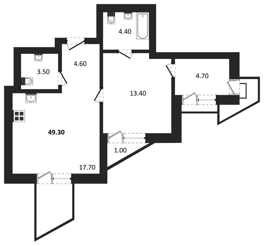 Планировка: 1-комн., 49,3 м²