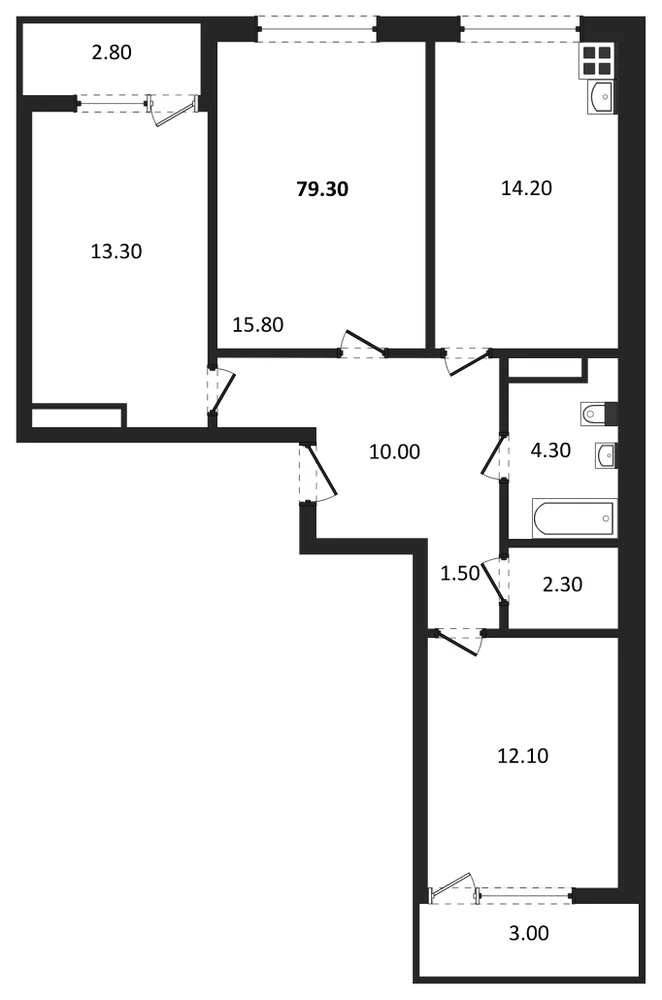 Планировка: 3-комн., 79,3 м²