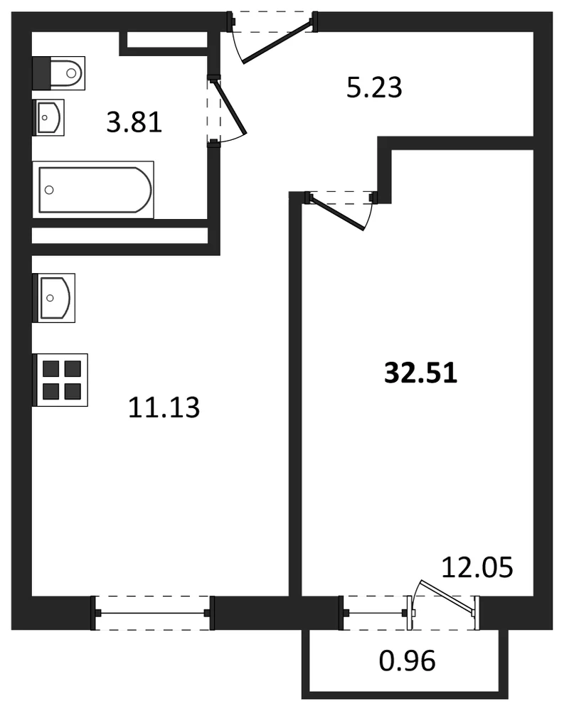 Планировка: 1-комн., 32,5 м²