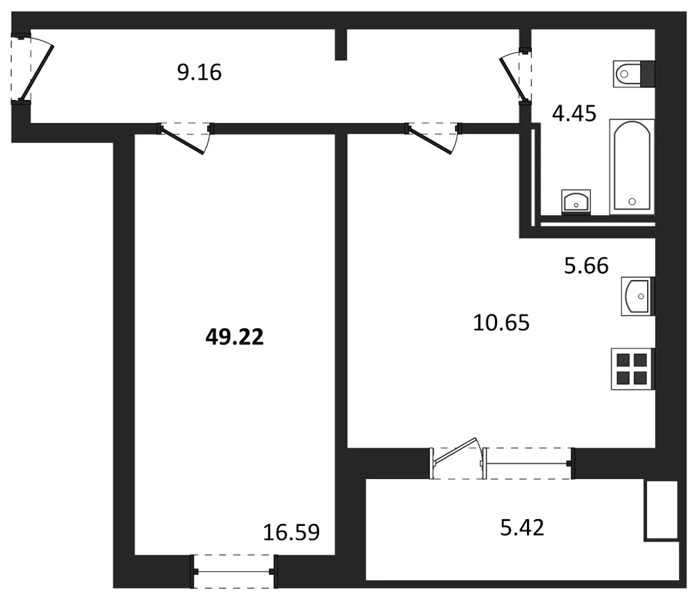 Планировка: 1-комн., 49,2 м²