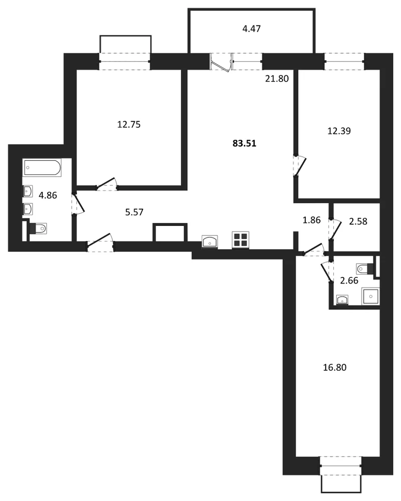 Планировка: 3-комн., 83,5 м²