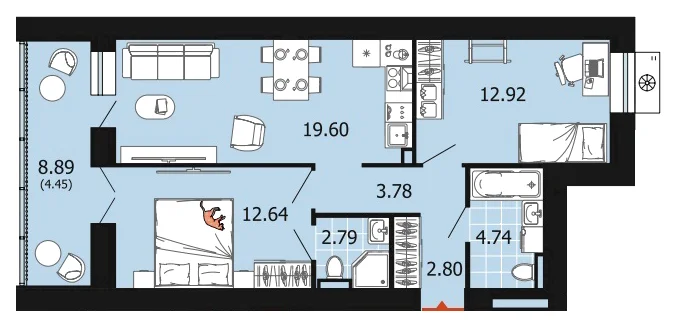 Планировка: 2-комн., 63,7 м²