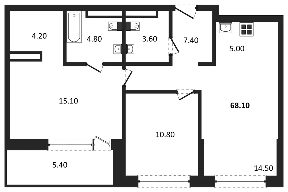 Планировка: 2-комн., 68,1 м²
