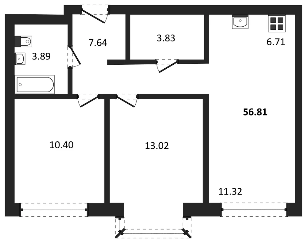 Планировка: 3-комн., 56,5 м²