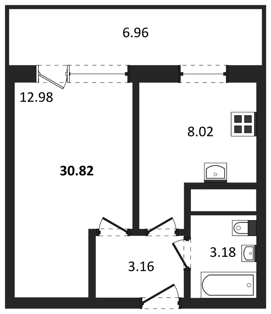Планировка: 1-комн., 30,8 м²