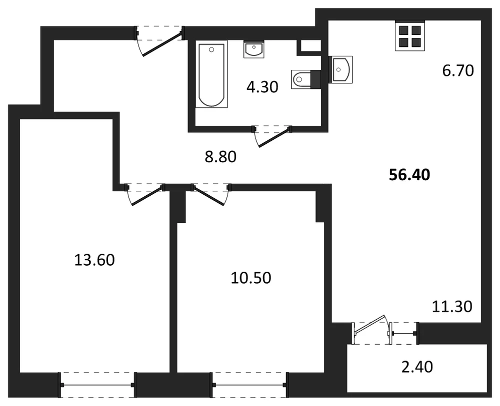 Планировка: 2-комн., 56,4 м²