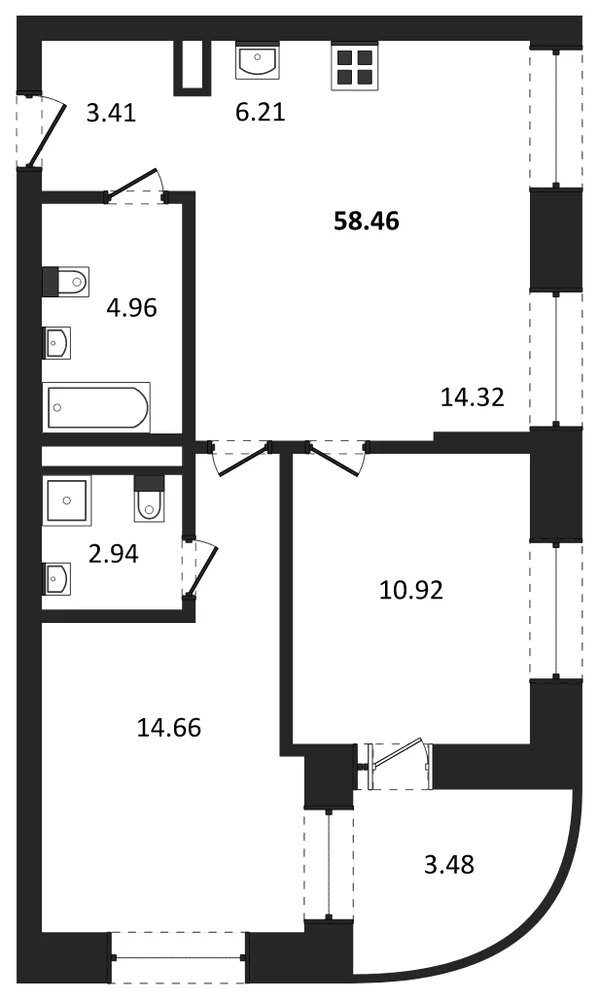 Планировка: 2-комн., 58,5 м²