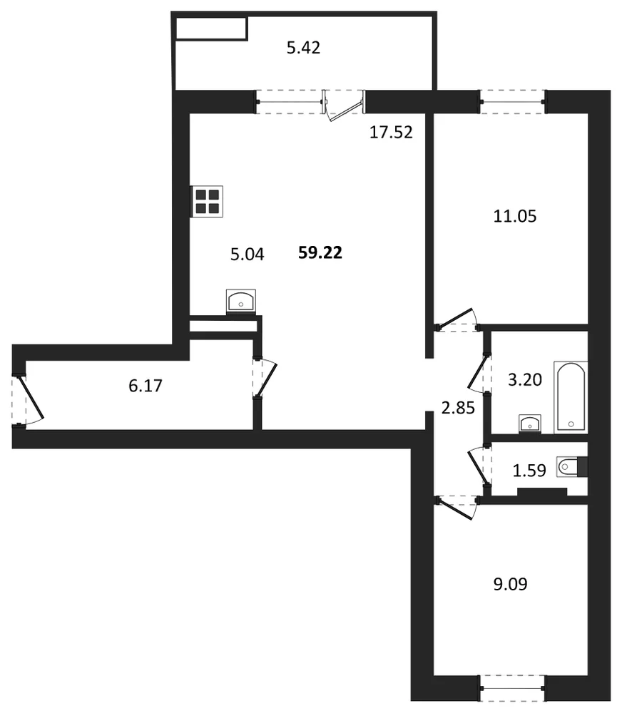 Планировка: 2-комн., 59,2 м²