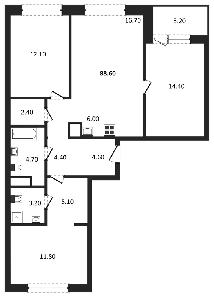 Планировка: 3-комн., 88,6 м²