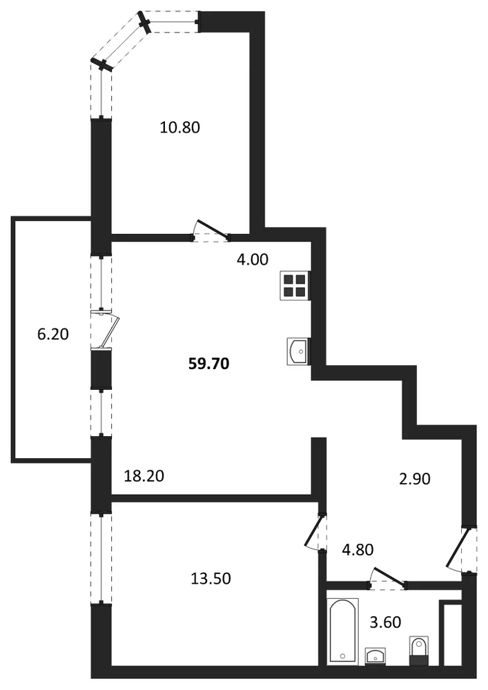 Планировка: 2-комн., 59,7 м²