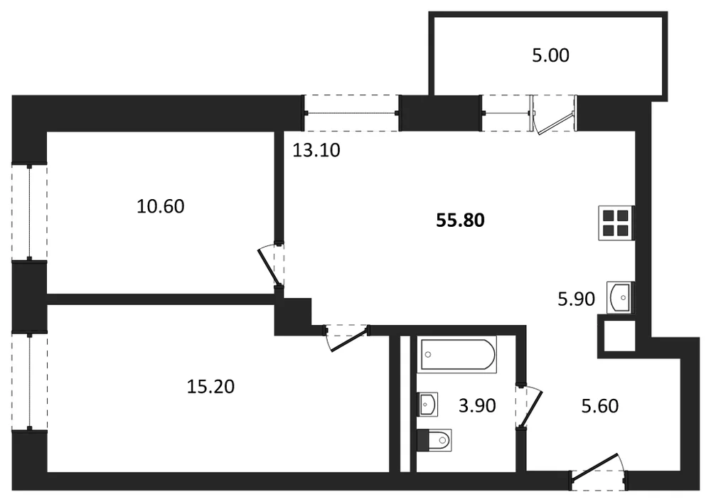 Планировка: 2-комн., 55,8 м²
