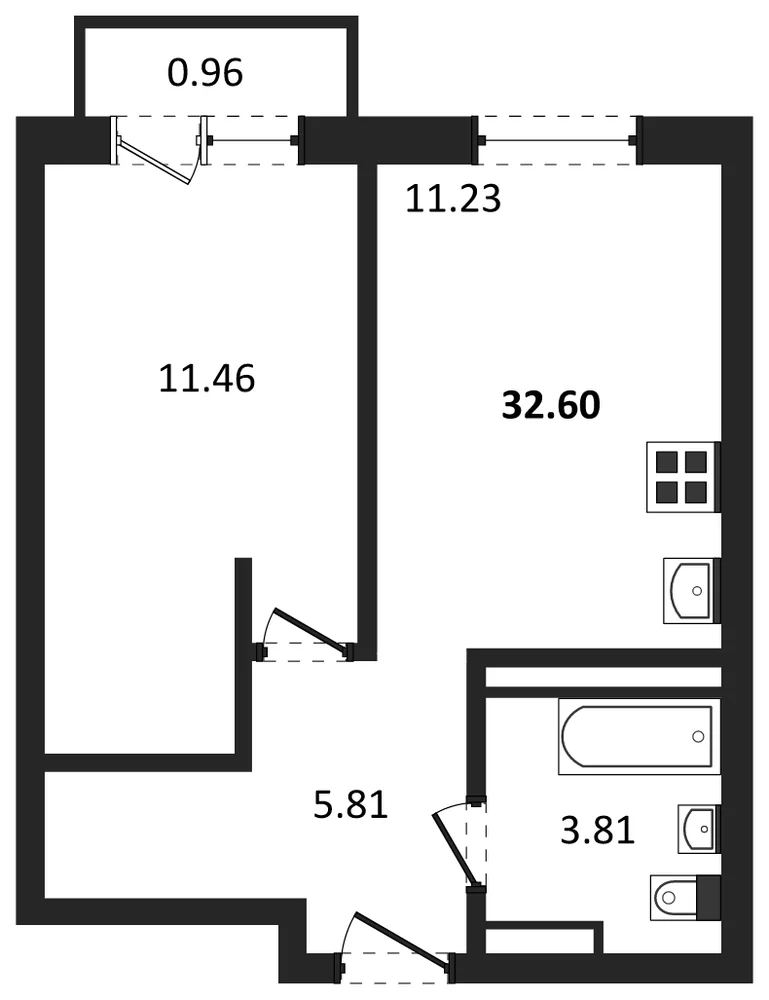 Планировка: 1-комн., 32,6 м²