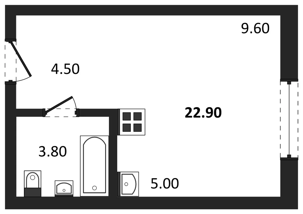 Планировка: Студия, 22,9 м²