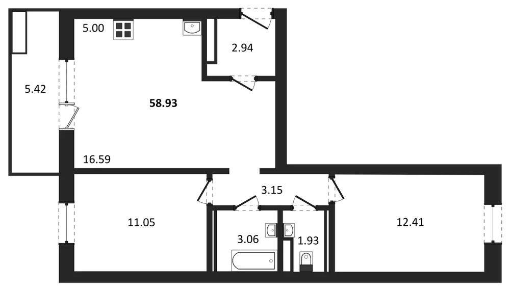 Планировка: 2-комн., 58,9 м²